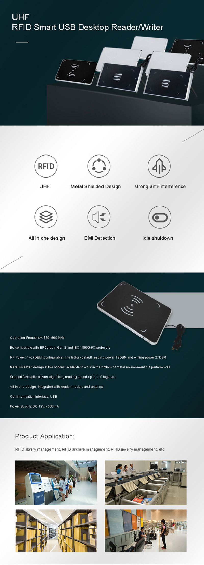 UHF RFID 스마트 USB 데스크탑 리더/라이터