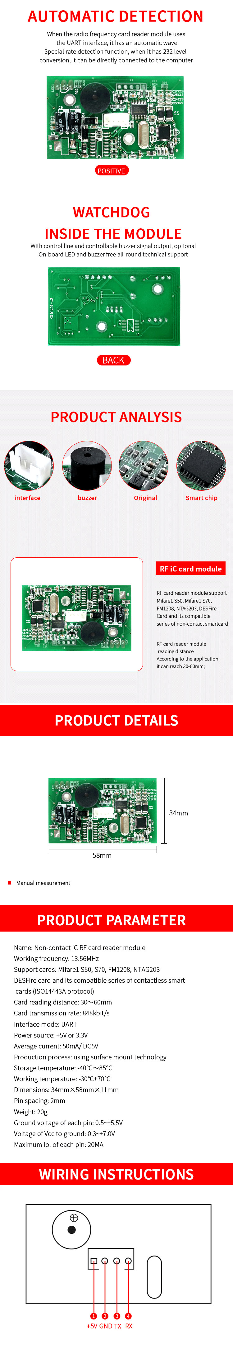 13.56mhz M1 IC ISO14443A 유형 A RS485 RS232 UART 인터페이스 RFID 카드 리더 모듈