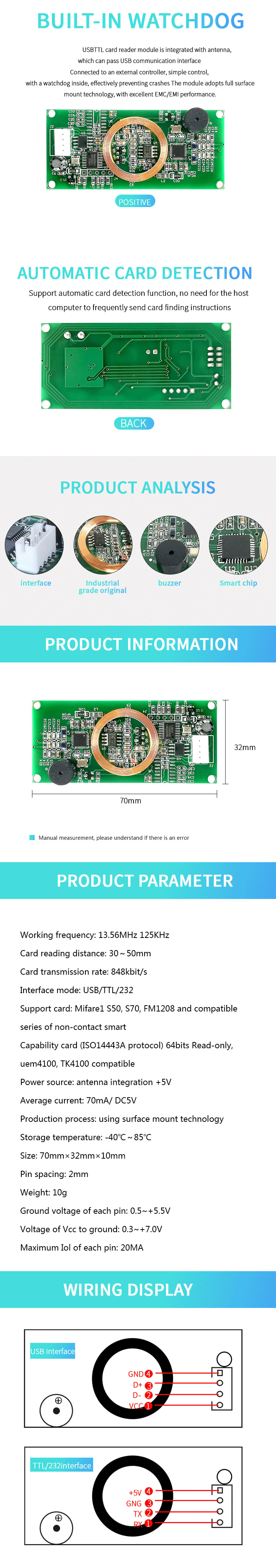 13.56mhz 125khz 이중 주파수 RFID 비접촉식 USB/RS232 /UART 맞춤형 스마트 카드 리더 모듈